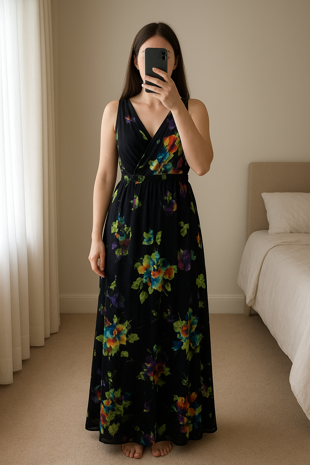 Navy print Blue Vanilla dress #bluevanilla #vintage standing straight facing the camera, in a softly lit bedroom setting, with gentle natural light filtering through a window.