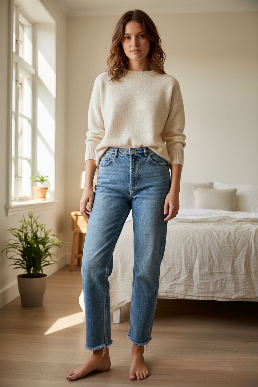 Jean straight mango debout, face à la caméra, dans une chambre à la lumière douce, avec une lumière naturelle filtrant par la fenêtre.