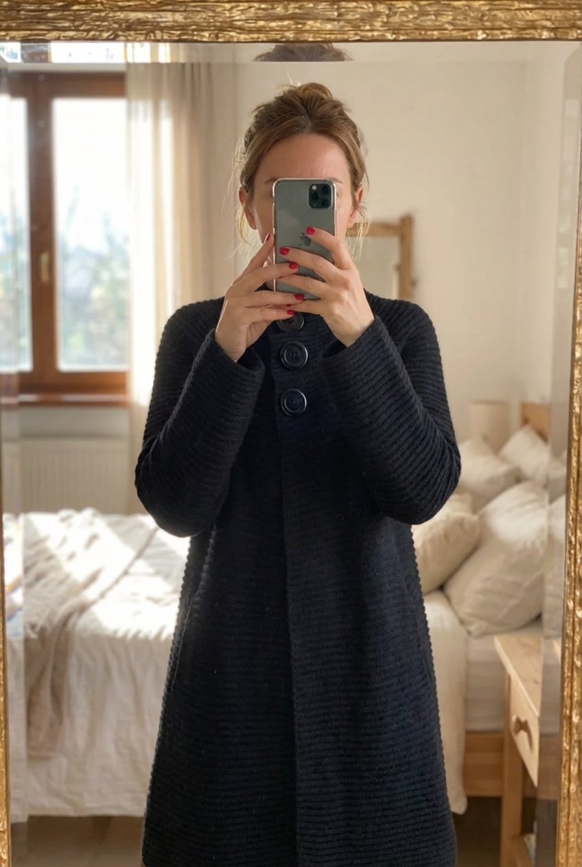 Maxi Maglia/Cardigan Invernale - Taglia 40/42 - Nero in piedi, rivolto verso la fotocamera, in una camera da letto con luce soffusa e luce naturale che filtra dalla finestra.