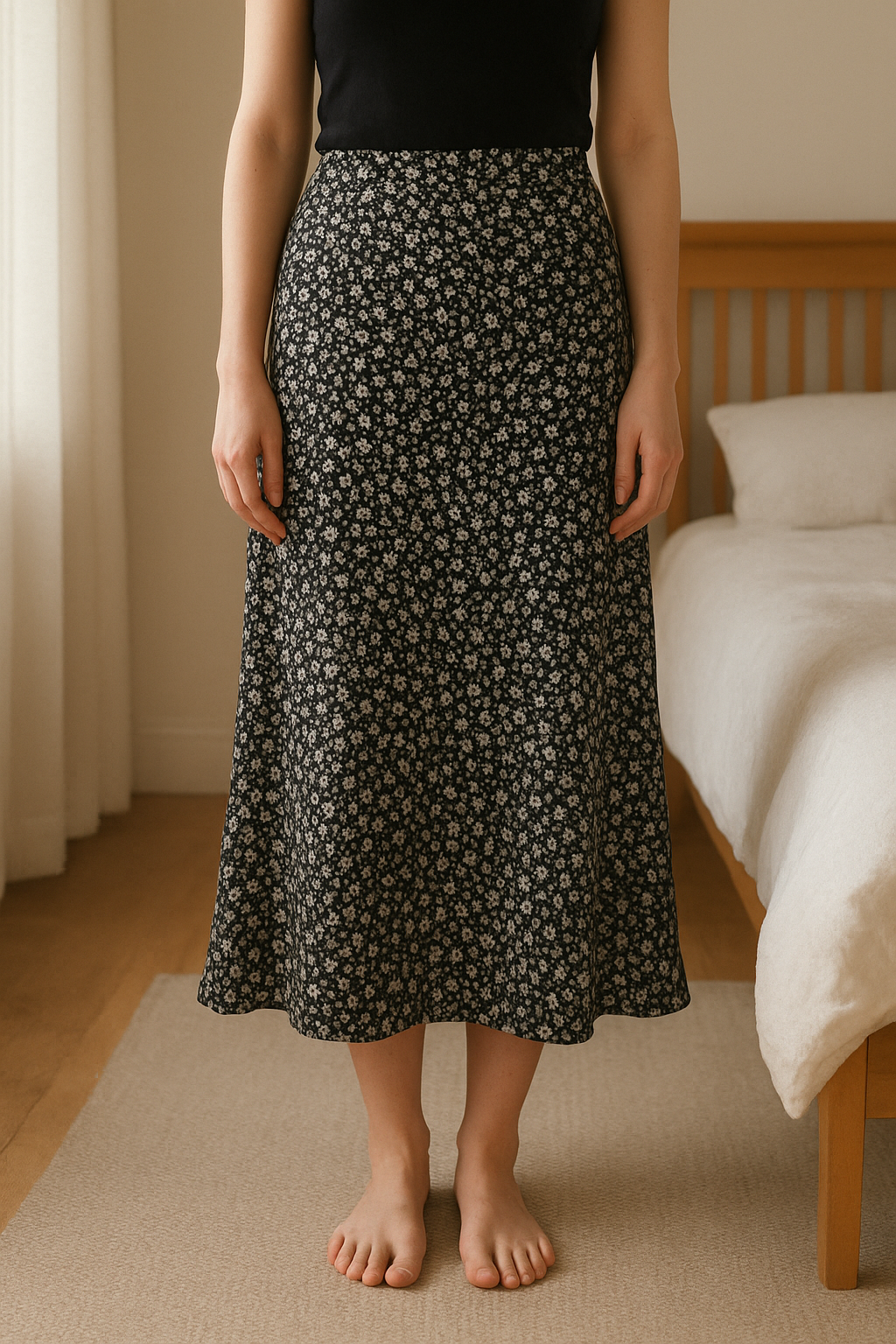 Bershka Midi Skirt standing straight facing the camera, in a softly lit bedroom setting, with gentle natural light filtering through a window.