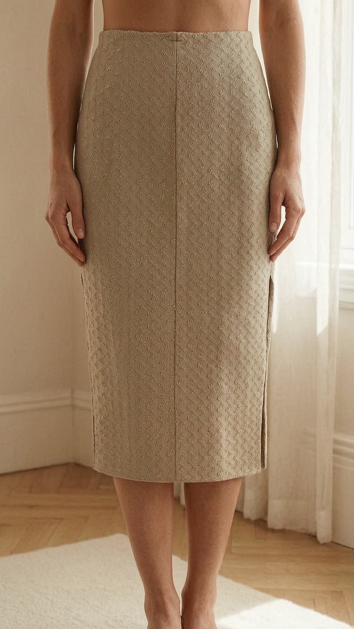 Vintage Beige Textured High Waist Maxi Skirt with Side Slit Size S standing straight facing the camera, in a softly lit bedroom setting, with gentle natural light filtering through a window.