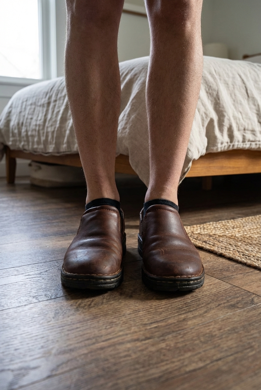 Brown Leather Clogs standing straight facing the camera, in a softly lit bedroom setting, with gentle natural light filtering through a window.