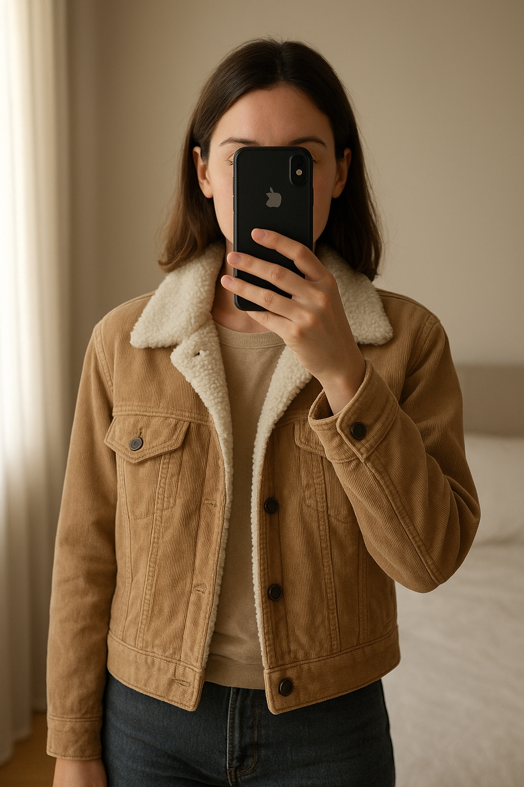 Veste Camel debout, face à la caméra, dans une chambre à la lumière douce, avec une lumière naturelle filtrant par la fenêtre.