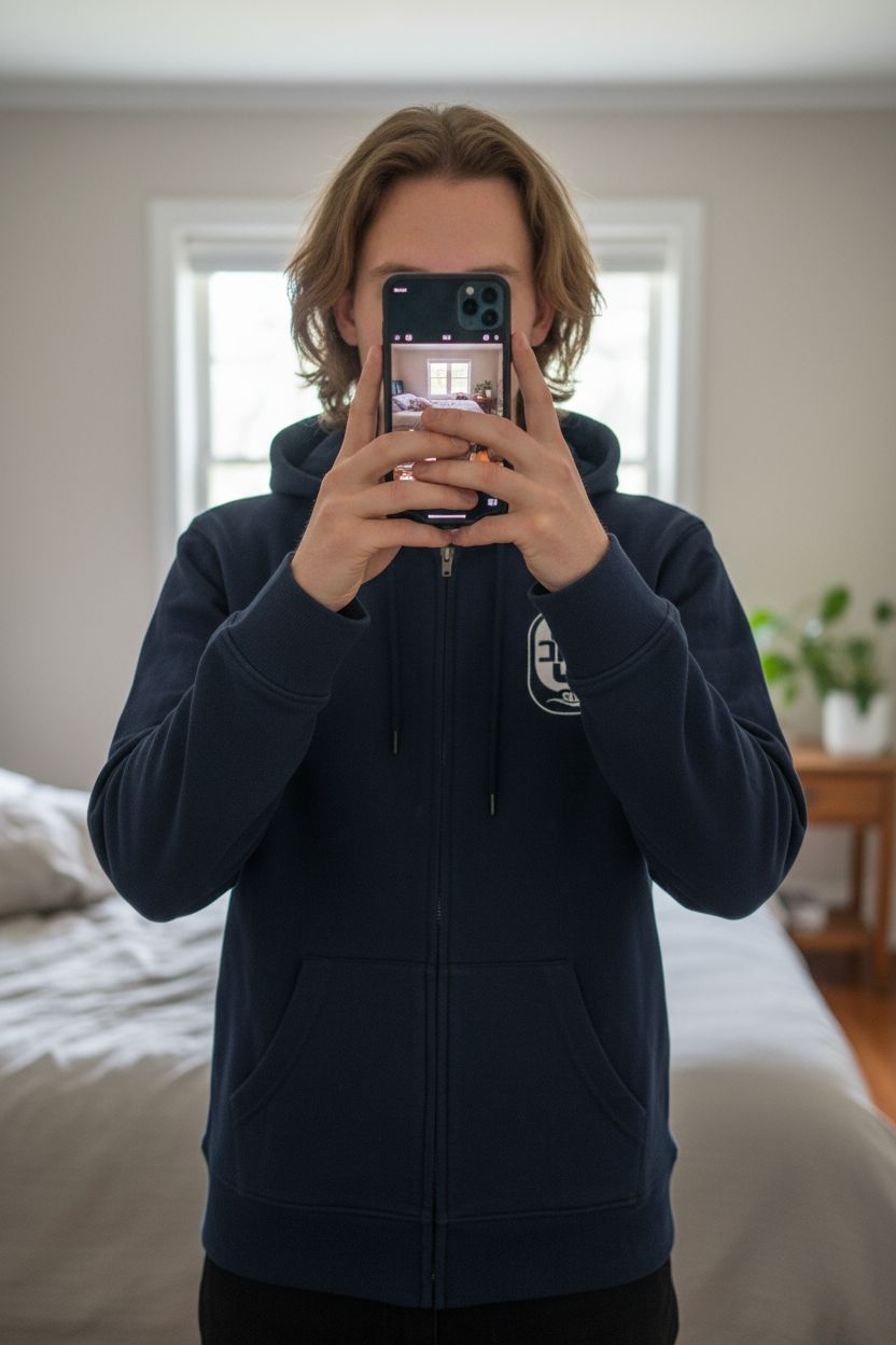 Sweat shirt hoodie Seac debout, face à la caméra, dans une chambre à la lumière douce, avec une lumière naturelle filtrant par la fenêtre.