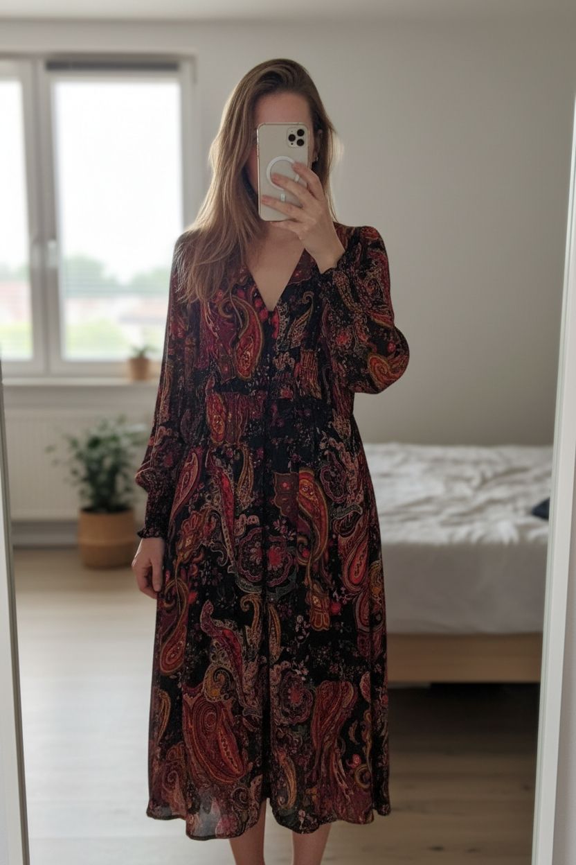 Robe Zara taille M manches longues légère debout, face à la caméra, dans une chambre à la lumière douce, avec une lumière naturelle filtrant par la fenêtre.