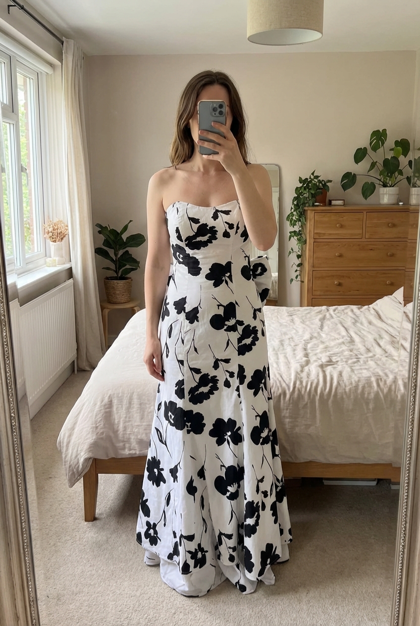 Robe longue bustier noir & blanc – Made in France – Pièce couture debout, face à la caméra, dans une chambre à la lumière douce, avec une lumière naturelle filtrant par la fenêtre.