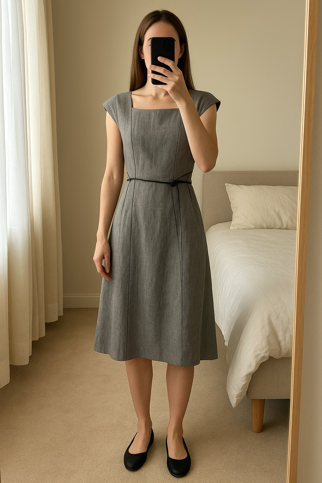 Coast grey dress size 14 standing straight facing the camera, in a softly lit bedroom setting, with gentle natural light filtering through a window.