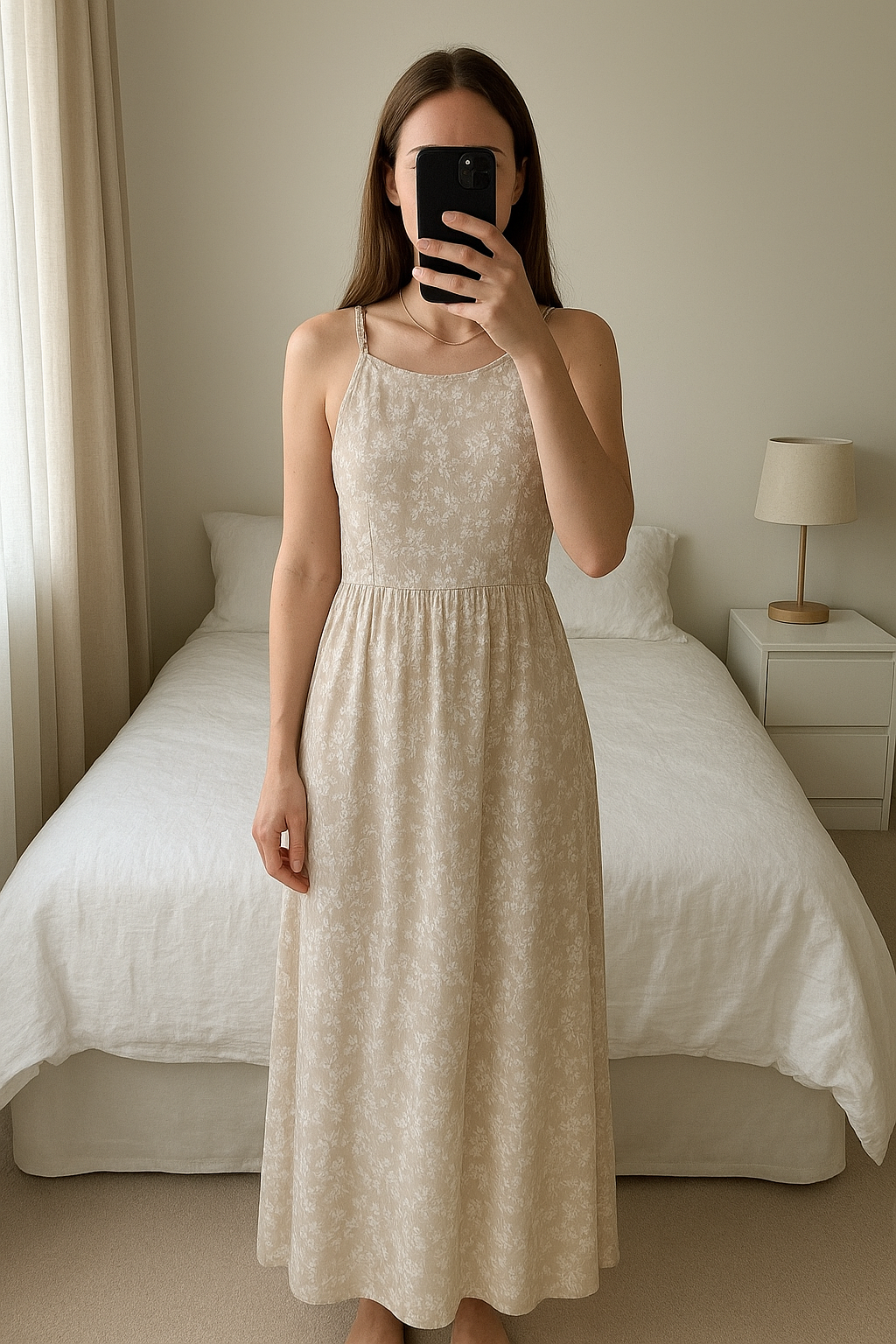 Maine long dress like new standing straight facing the camera, in a softly lit bedroom setting, with gentle natural light filtering through a window.