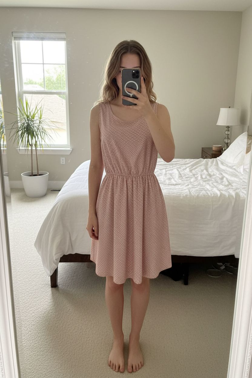 A person in Cameo Rose sleeveless elasticated waist butterfly shift tea dress medium size 10-12 standing straight facing the camera, in a softly lit bedroom setting, with gentle natural light filtering through a window.