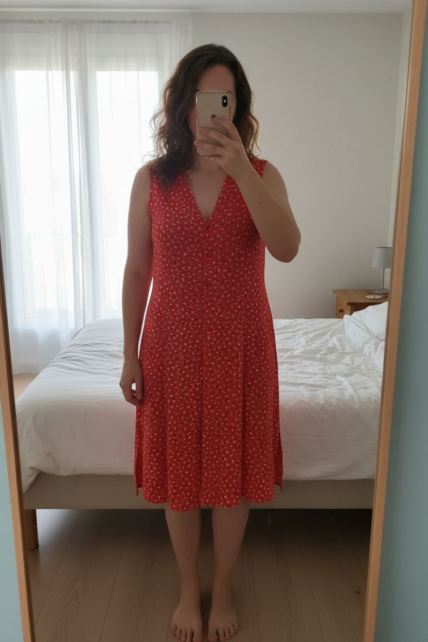 Une personne en Robe rouge à fleurs promod debout, face à la caméra, avec une silhouette légèrement plus ronde, dans une chambre à la lumière douce, avec une lumière naturelle filtrant par la fenêtre.
