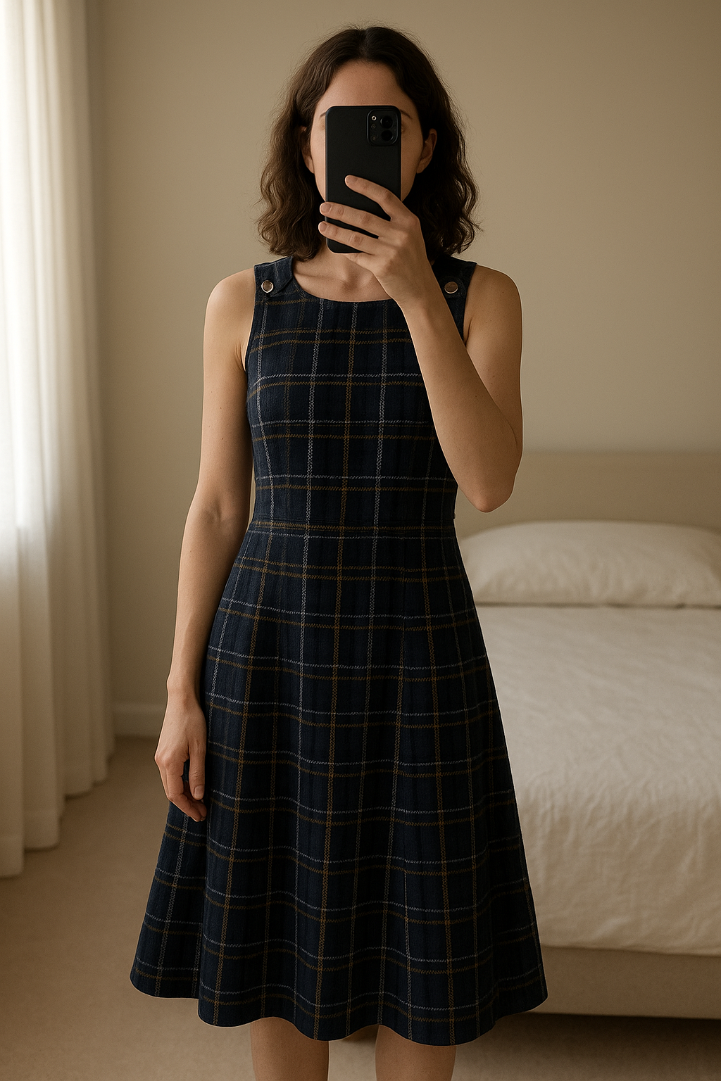 Robe pour collège debout, face à la caméra, dans une chambre à la lumière douce, avec une lumière naturelle filtrant par la fenêtre.