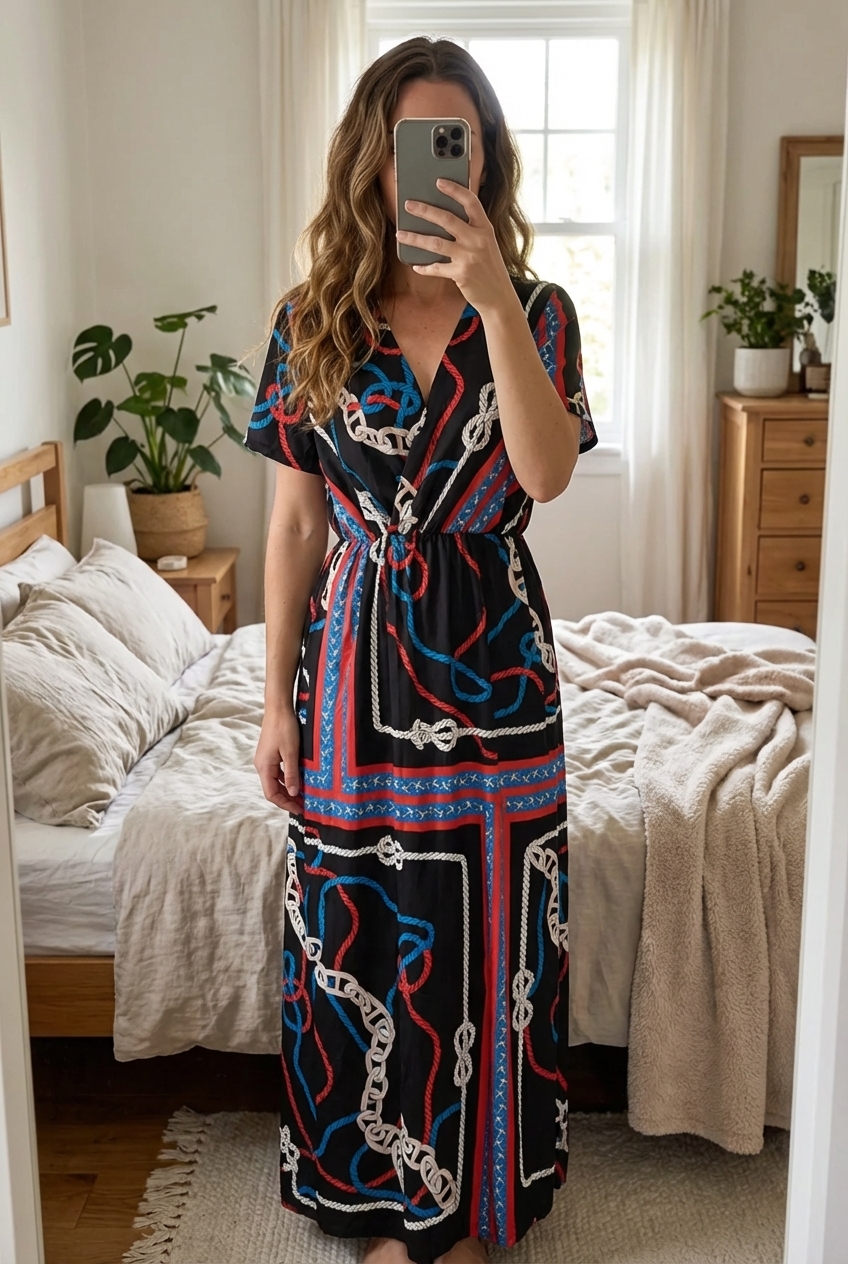 Robe longue pour femme debout, face à la caméra, dans une chambre à la lumière douce, avec une lumière naturelle filtrant par la fenêtre.