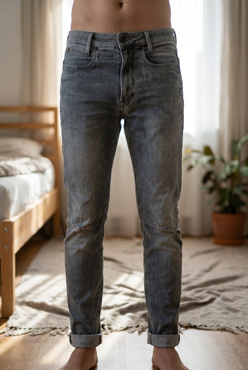 Jeans G-Star Raw D-Staq 3D Skinny 28/32 debout, face à la caméra, dans une chambre à la lumière douce, avec une lumière naturelle filtrant par la fenêtre.