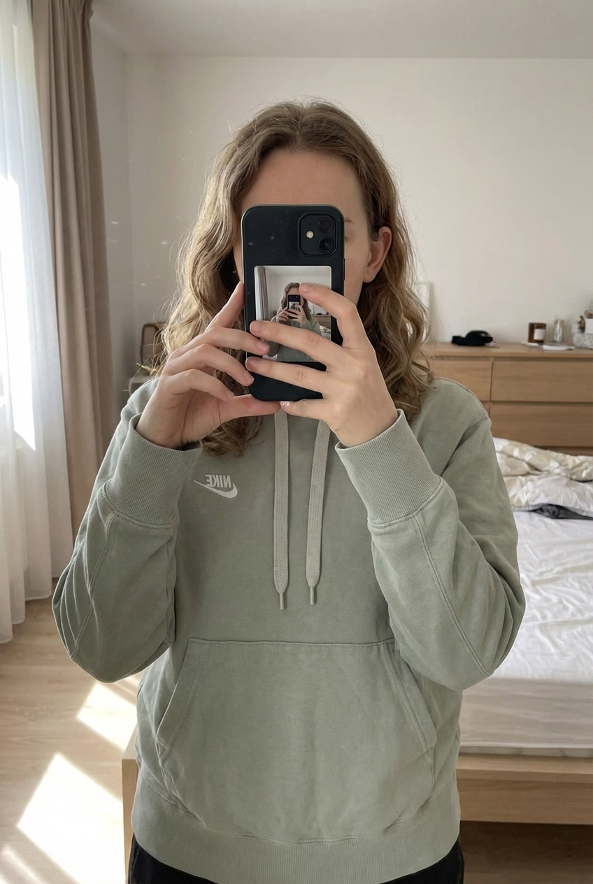 Pull Nike à capuche (hoodie) debout, face à la caméra, dans une chambre à la lumière douce, avec une lumière naturelle filtrant par la fenêtre.