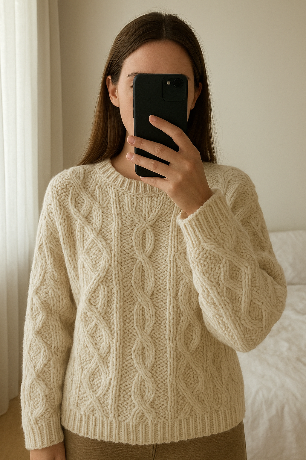 Pull 100 % laine Vanessa Bruno debout, face à la caméra, dans une chambre à la lumière douce, avec une lumière naturelle filtrant par la fenêtre.