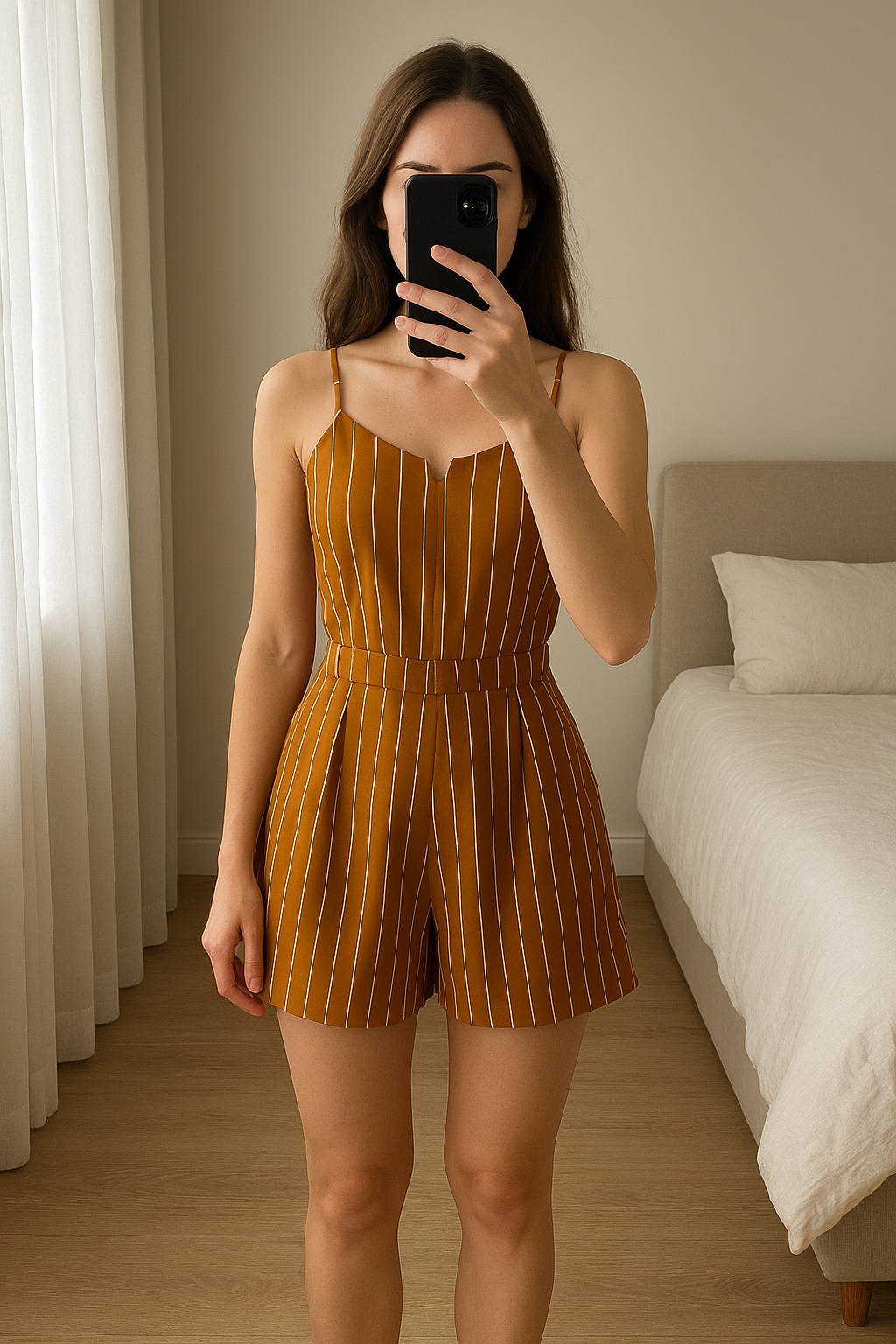 Combinaison Shorte Jennifer debout, face à la caméra, dans une chambre à la lumière douce, avec une lumière naturelle filtrant par la fenêtre.