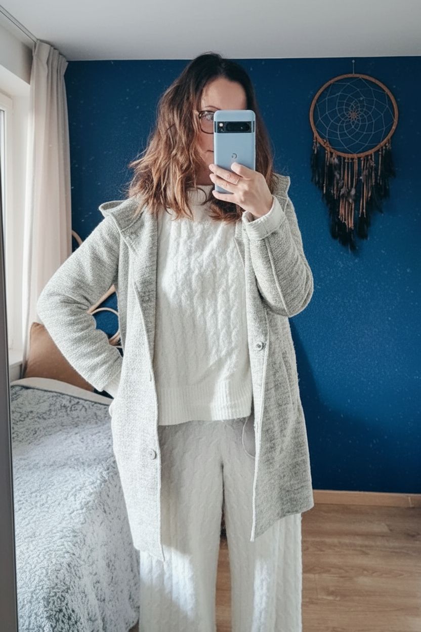 Une personne en Très joli manteau gris à capuche Vila, taille XS cambrant légèrement le dos pour une pose dynamique, dans une chambre à la lumière douce, avec une lumière naturelle filtrant par la fenêtre.