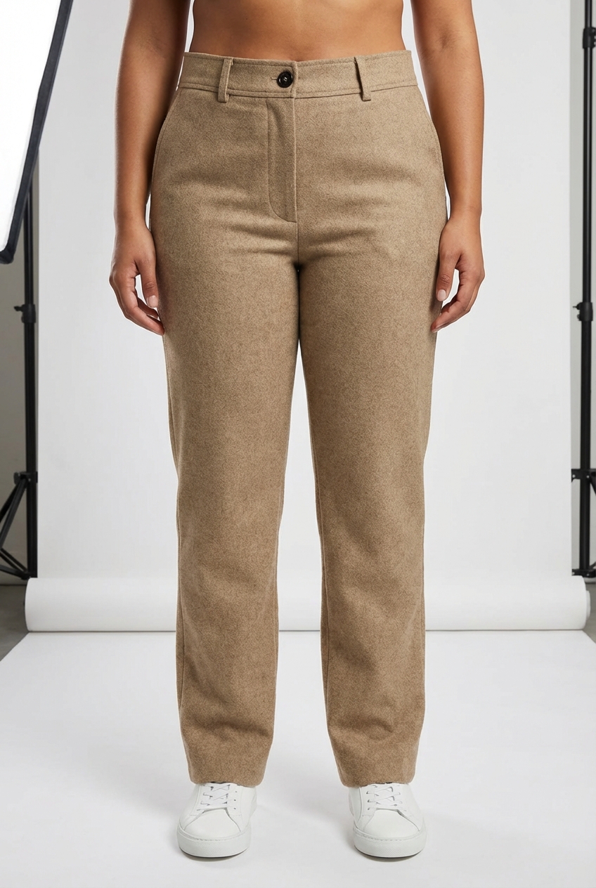 Eine Person in Séfr Séfr „Mike Wool“ Hose – Camel – Gr. L – hochwertige Wollmischung aufrecht stehend, der Kamera zugewandt, mit etwas kurvigeren Körperformen, in einem sauberen Fotostudio mit nahtlosem weißen Hintergrund und Softbox-Beleuchtung.