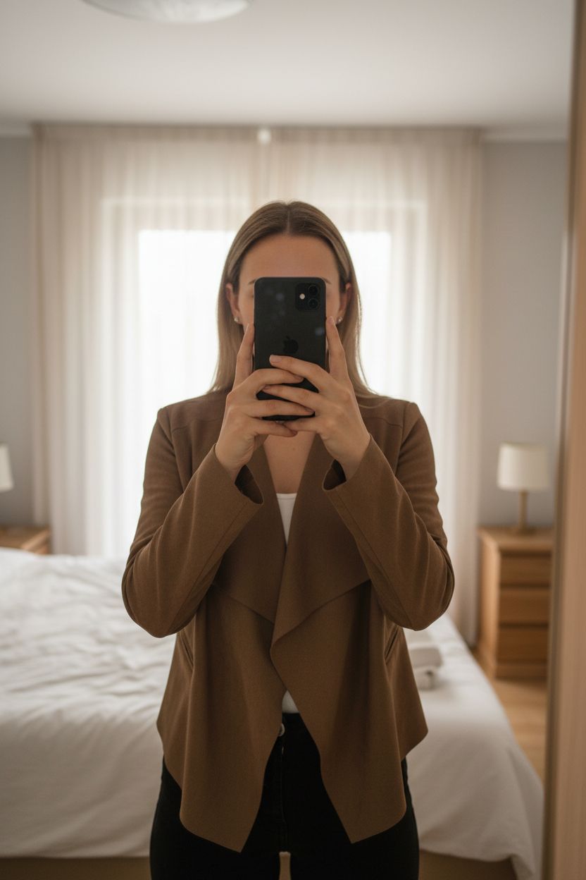 Veste blazer imitation daim marron Promod M debout, face à la caméra, dans une chambre à la lumière douce, avec une lumière naturelle filtrant par la fenêtre.