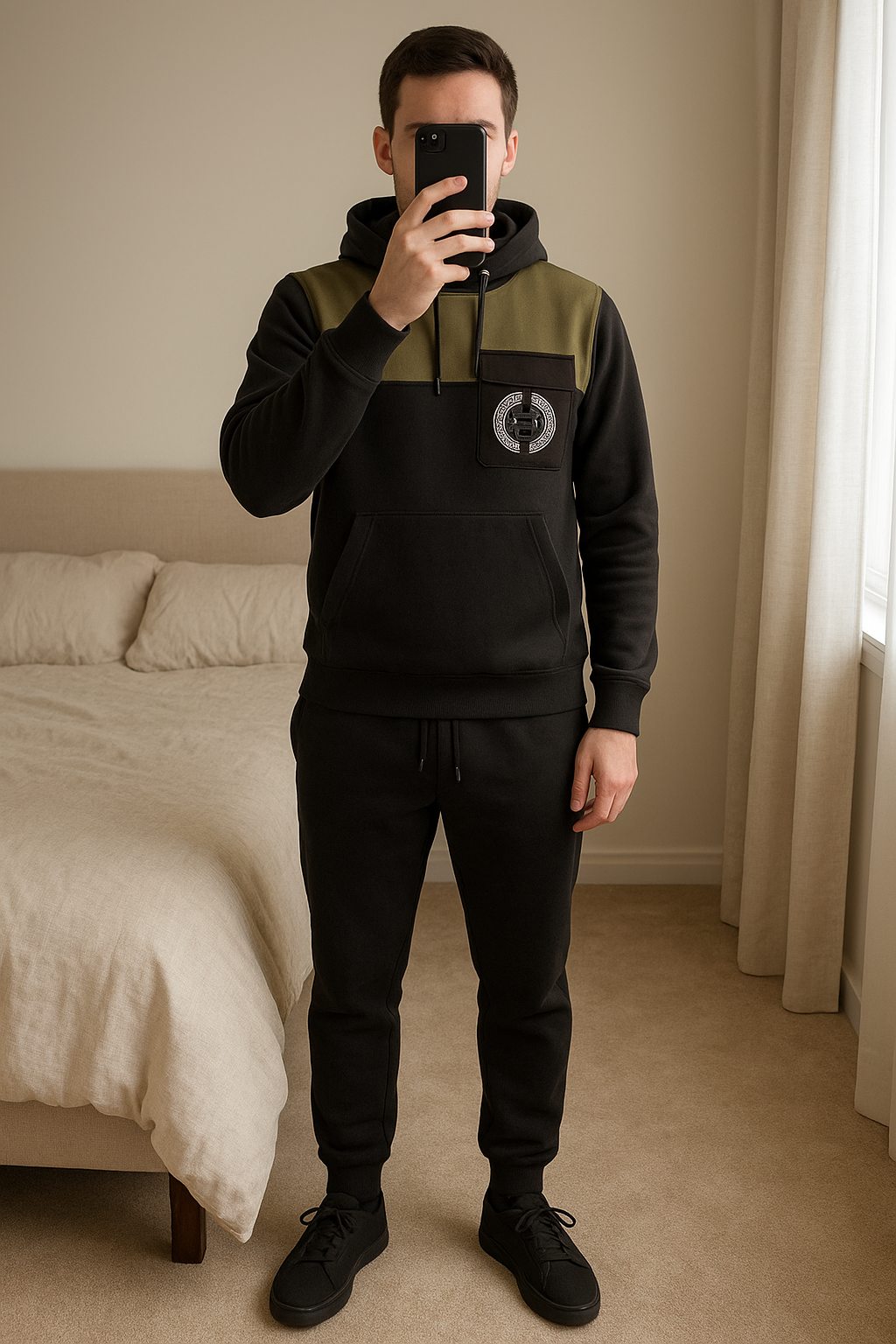 Supply and Demand boys tracksuit and t shirt set age 8-10 standing straight facing the camera, in a softly lit bedroom setting, with gentle natural light filtering through a window.