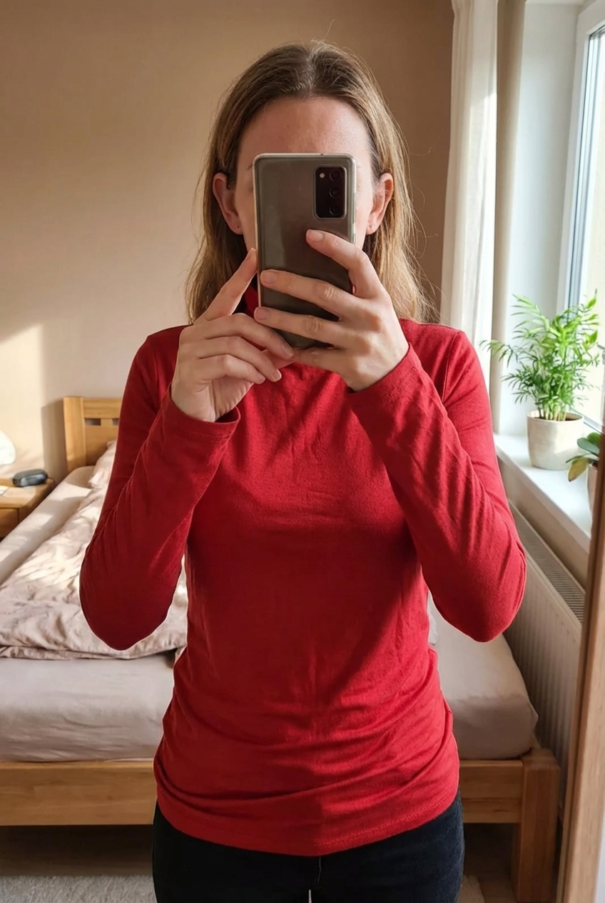 Top col roulé Weekend MaxMara debout, face à la caméra, dans une chambre à la lumière douce, avec une lumière naturelle filtrant par la fenêtre.