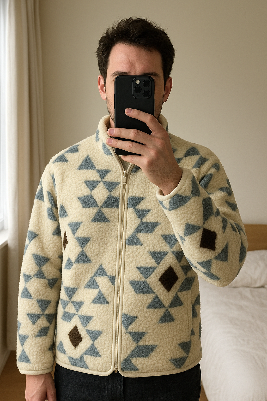 Boys winter zip fleece. White, brown, blue. Size 12-18 standing straight facing the camera, in a softly lit bedroom setting, with gentle natural light filtering through a window.