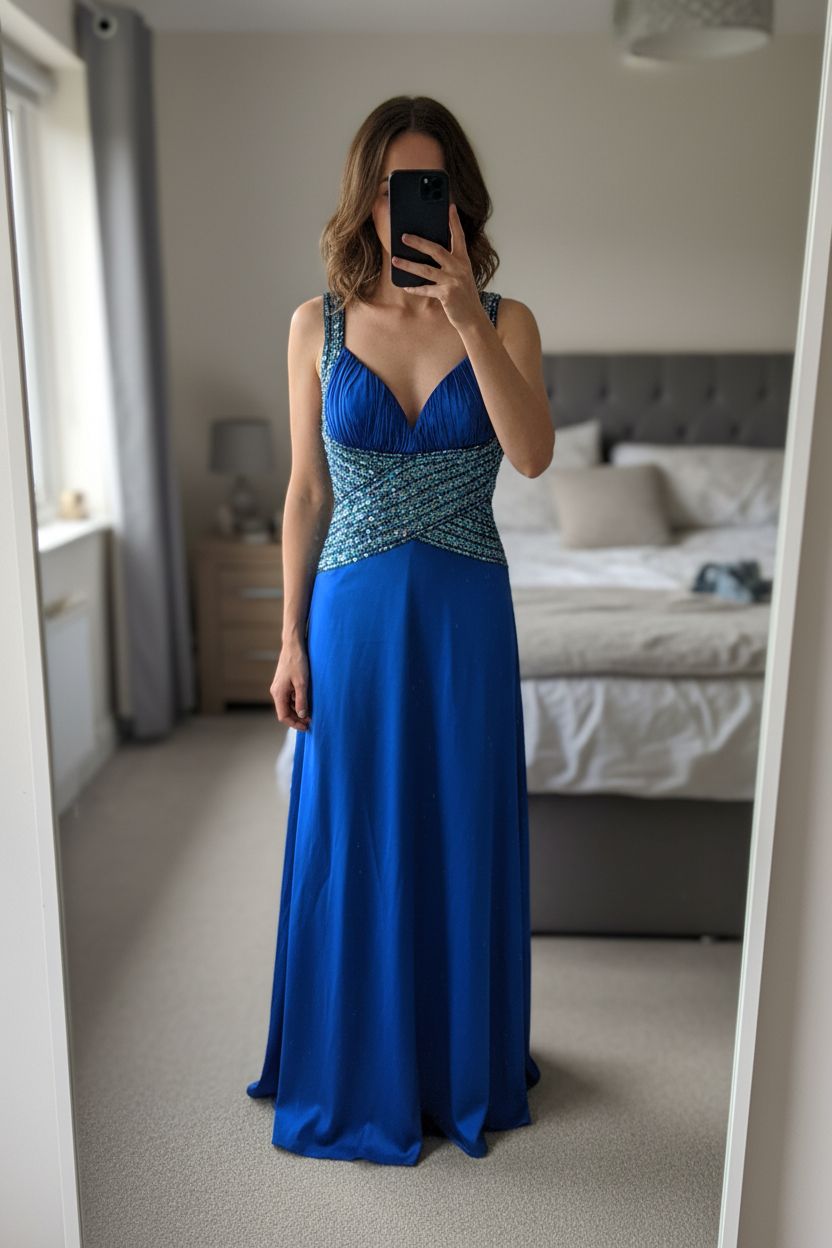 A person in Vintage Y2K blue satin maxi dress embellished sequins backless standing straight facing the camera, in a softly lit bedroom setting, with gentle natural light filtering through a window.