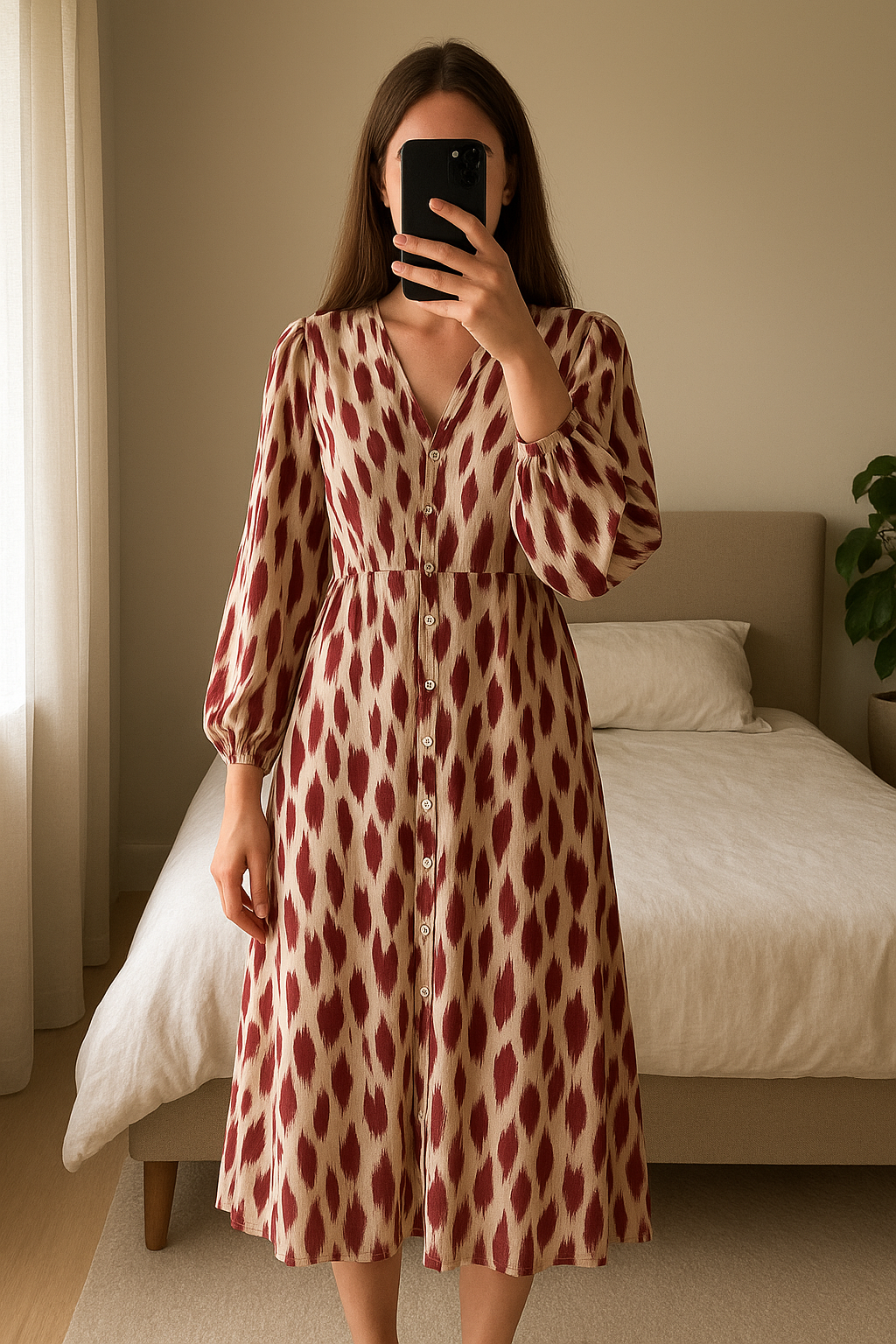 Burgundy Mint Velvet Midi dress standing straight facing the camera, in a softly lit bedroom setting, with gentle natural light filtering through a window.