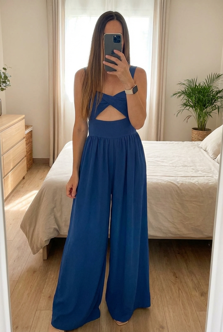 Combinaison bleu taille M debout, face à la caméra, dans une chambre à la lumière douce, avec une lumière naturelle filtrant par la fenêtre.