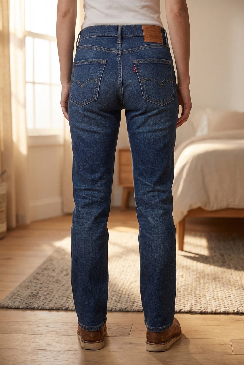 Djean levi's debout, face à la caméra, dans une chambre à la lumière douce, avec une lumière naturelle filtrant par la fenêtre.