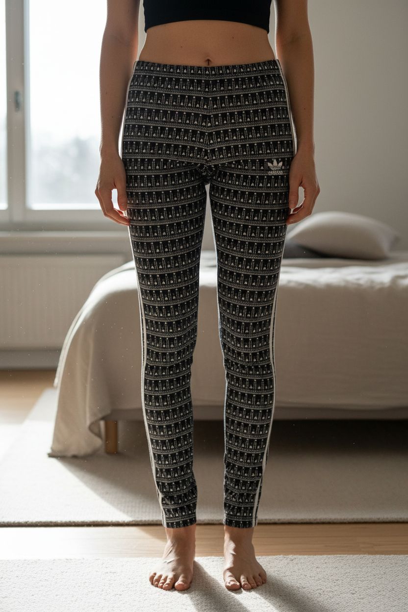 Legging Adidas motif cœur taille 40 debout, face à la caméra, dans une chambre à la lumière douce, avec une lumière naturelle filtrant par la fenêtre.