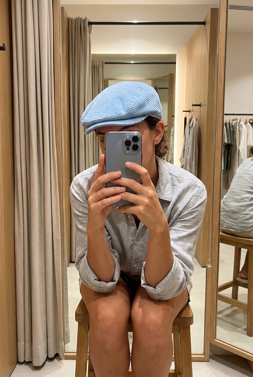 Una persona in Coppola in Velluto a Coste – 100% Cotone | Eleganza Casual di Alta Gamma seduto su una sedia alta, con postura rilassata, in un camerino in stile boutique con specchio e decorazioni neutre.