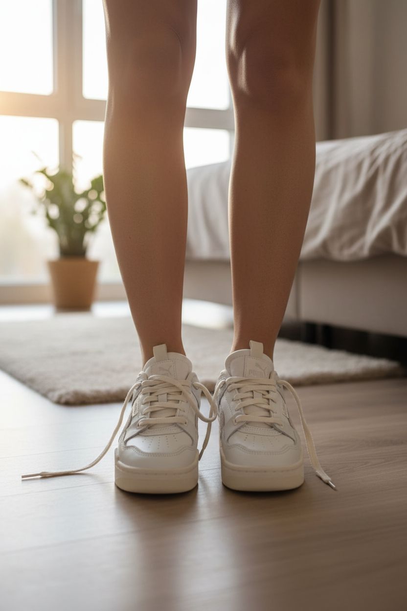 Iconic trainers Puma Slipstream size 35.5 as good as NEW! debout, face à la caméra, dans une chambre à la lumière douce, avec une lumière naturelle filtrant par la fenêtre.