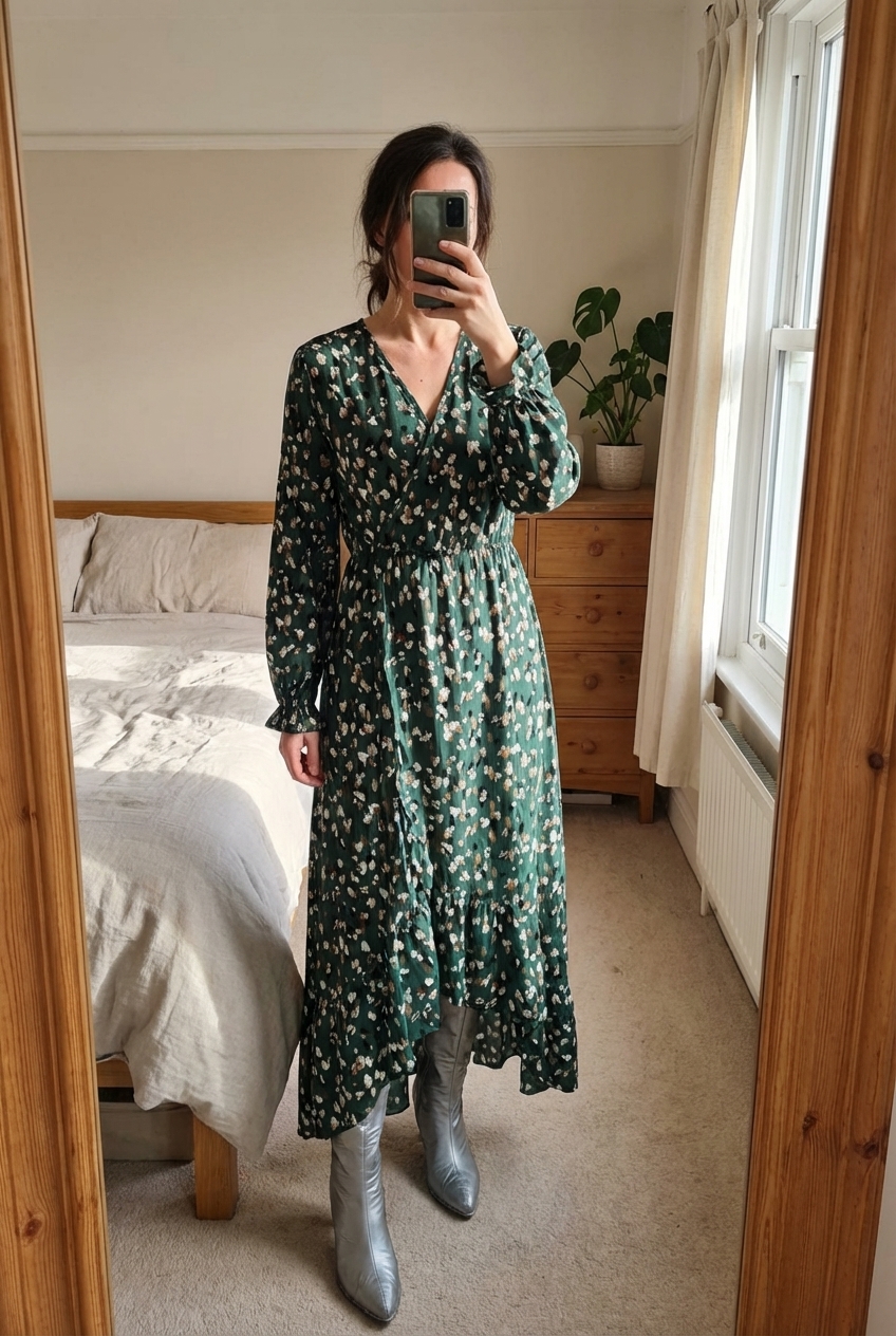 Robe longue pour femme debout, face à la caméra, dans une chambre à la lumière douce, avec une lumière naturelle filtrant par la fenêtre.