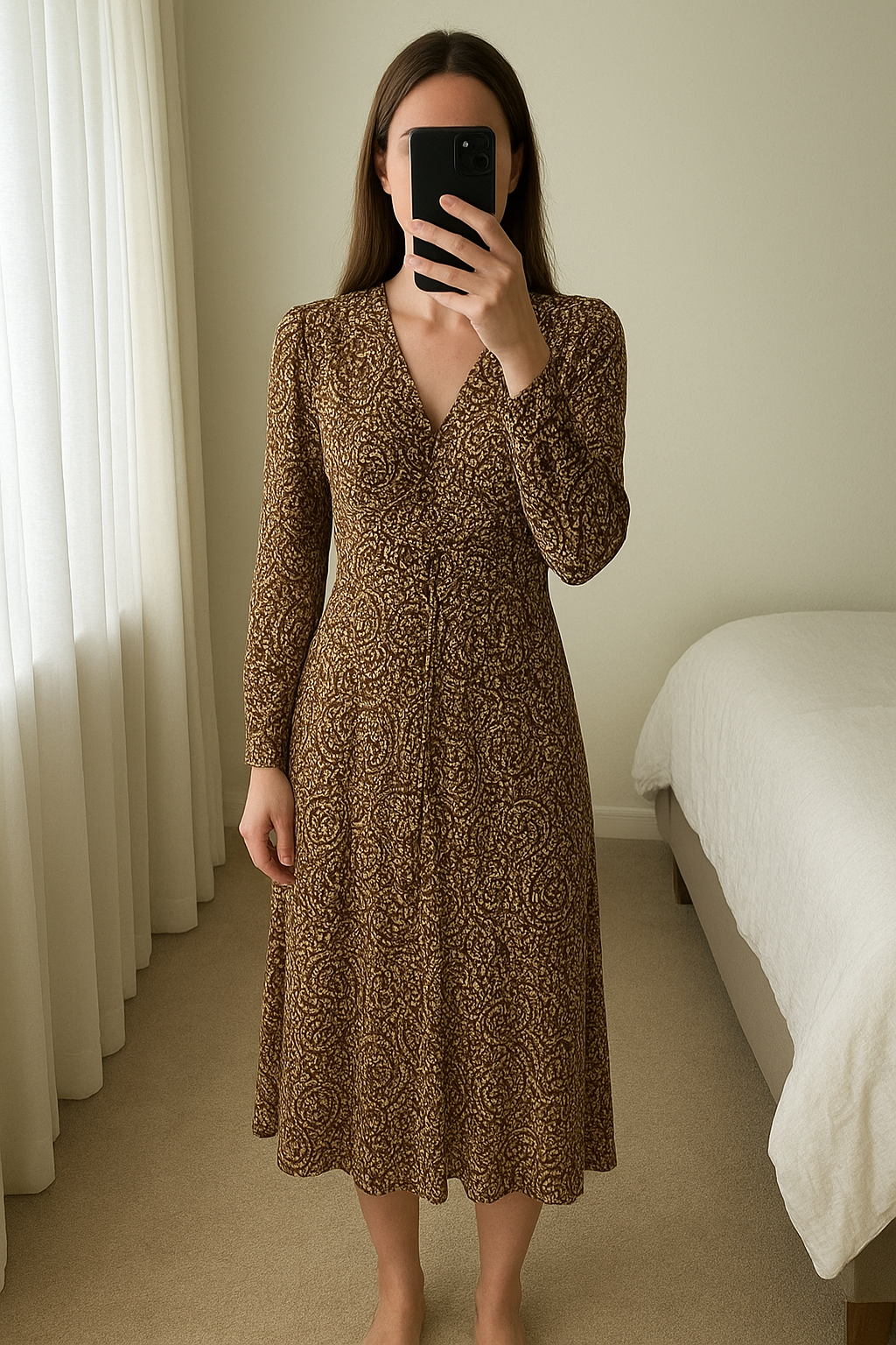 Primark brown and cream midi long sleeved dress with knot detail at bust, still with tag on size XL standing straight facing the camera, in a softly lit bedroom setting, with gentle natural light filtering through a window.