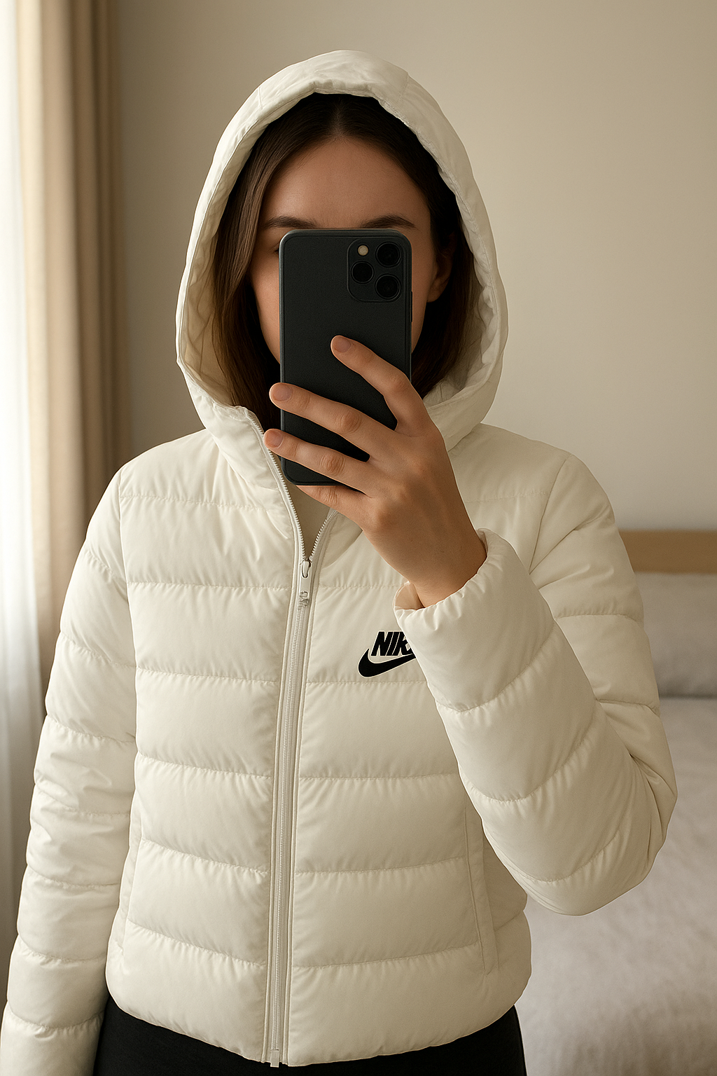 Ladies Nike Coat UK 16 XL standing straight facing the camera, in a softly lit bedroom setting, with gentle natural light filtering through a window.