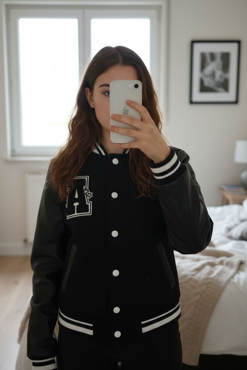 Veste fille debout, face à la caméra, dans une chambre à la lumière douce, avec une lumière naturelle filtrant par la fenêtre.