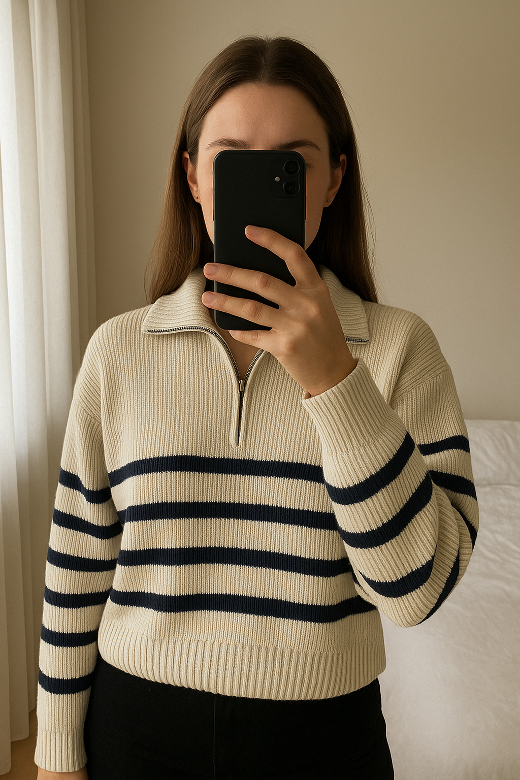 Pull manche longue debout, face à la caméra, dans une chambre à la lumière douce, avec une lumière naturelle filtrant par la fenêtre.