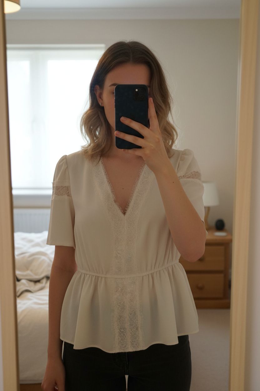 Ladies cream lace blouse standing straight facing the camera, in a softly lit bedroom setting, with gentle natural light filtering through a window.