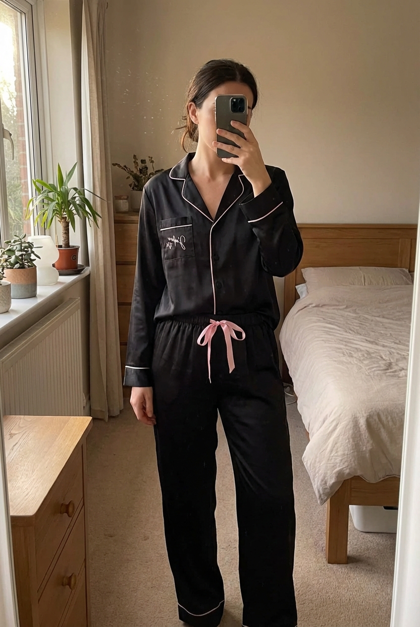 Pyjama satiné Primark debout, face à la caméra, dans une chambre à la lumière douce, avec une lumière naturelle filtrant par la fenêtre.