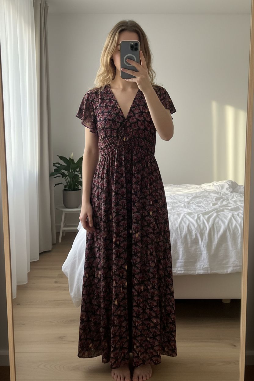 Robe longue col V légère taille unique debout, face à la caméra, dans une chambre à la lumière douce, avec une lumière naturelle filtrant par la fenêtre.