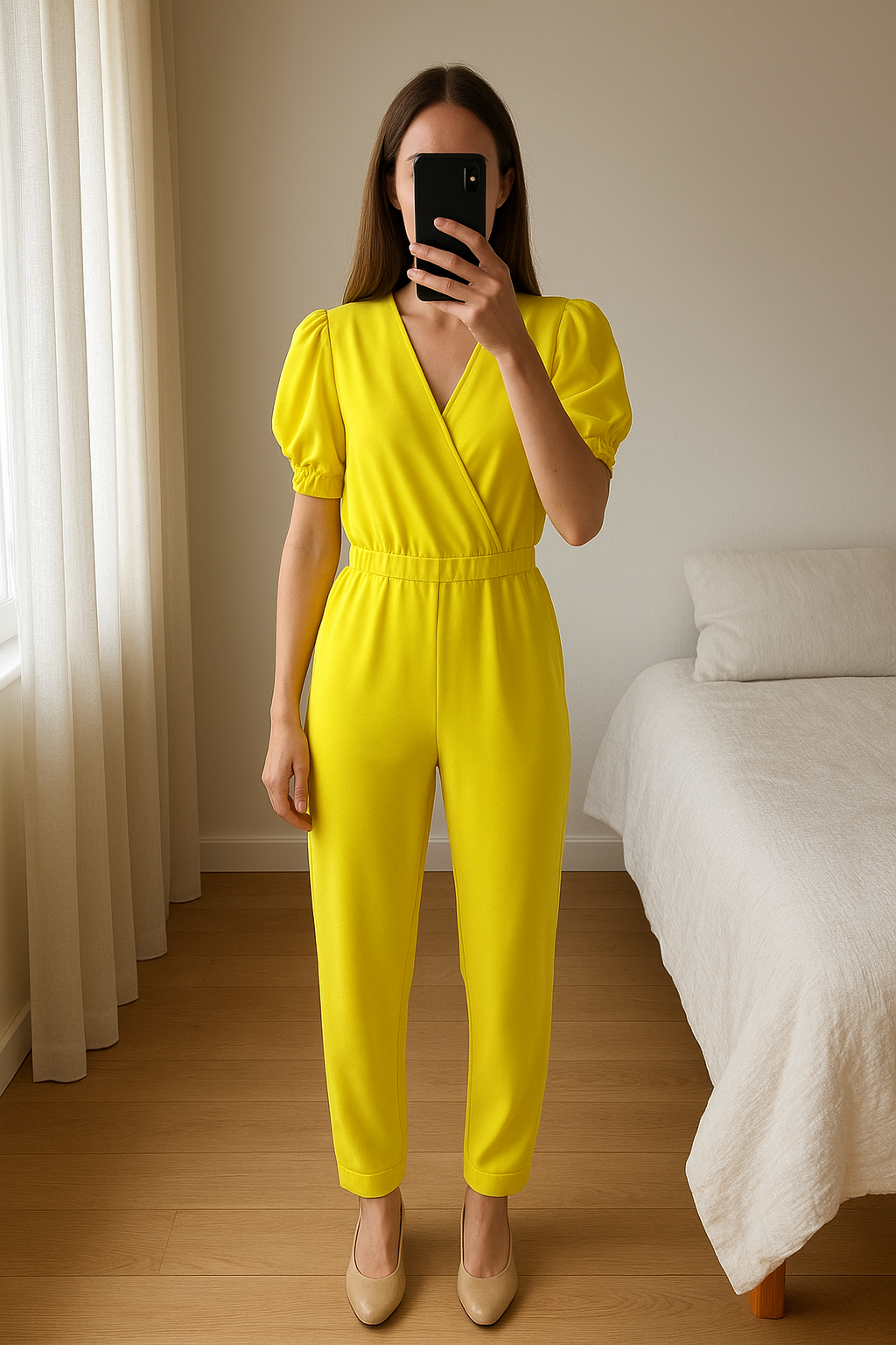 Combinaison P.a.r.o.s.h neuve debout, face à la caméra, dans une chambre à la lumière douce, avec une lumière naturelle filtrant par la fenêtre.