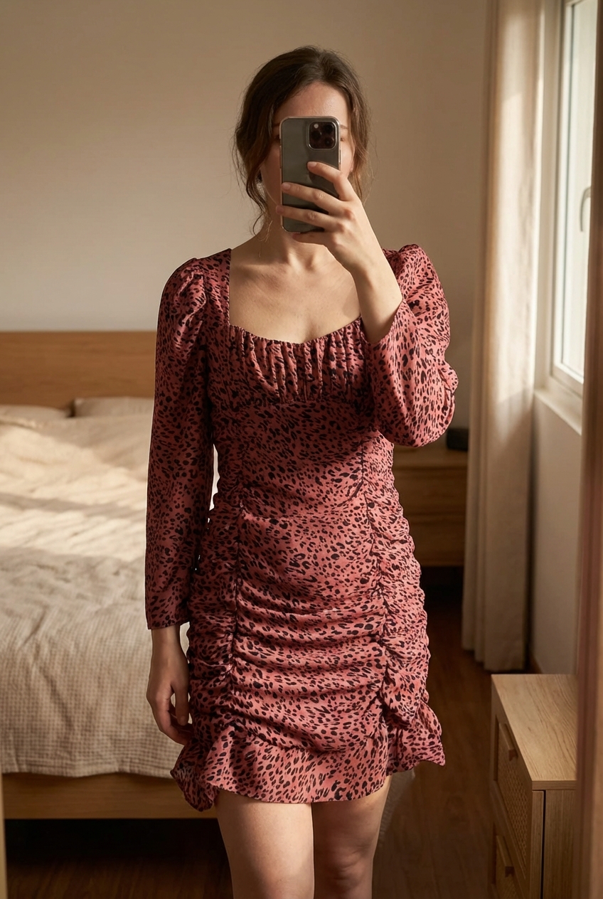 Burgundy Leopard Print Zara Dress in piedi, rivolto verso la fotocamera, in una camera da letto con luce soffusa e luce naturale che filtra dalla finestra.