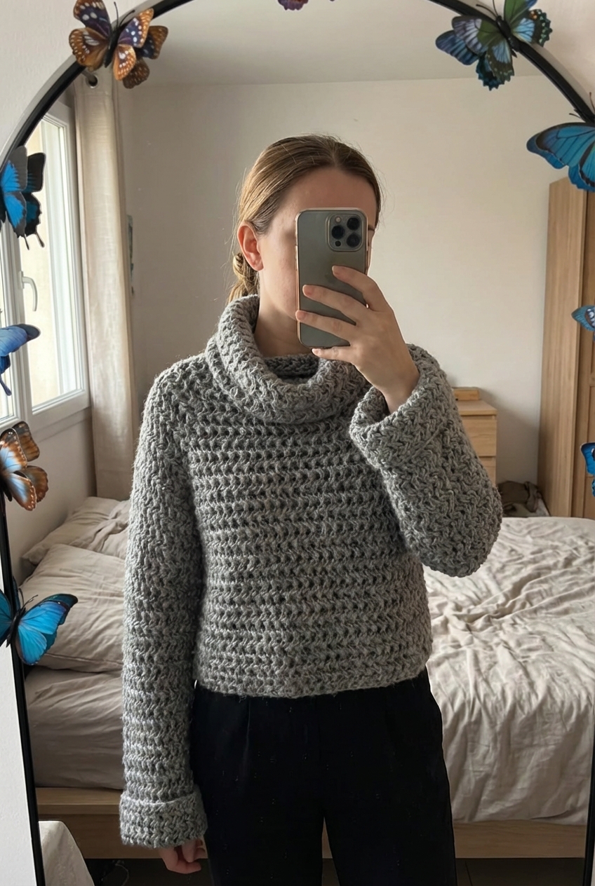 Jolie pull col roulé debout, face à la caméra, dans une chambre à la lumière douce, avec une lumière naturelle filtrant par la fenêtre.