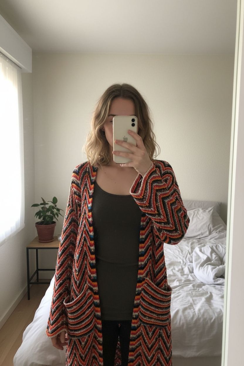 Cardijans Zara neuf debout, face à la caméra, dans une chambre à la lumière douce, avec une lumière naturelle filtrant par la fenêtre.