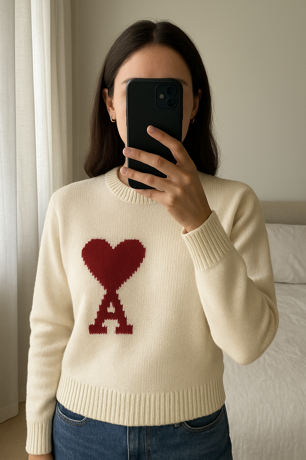 Pull ami Paris taille M debout, face à la caméra, dans une chambre à la lumière douce, avec une lumière naturelle filtrant par la fenêtre.