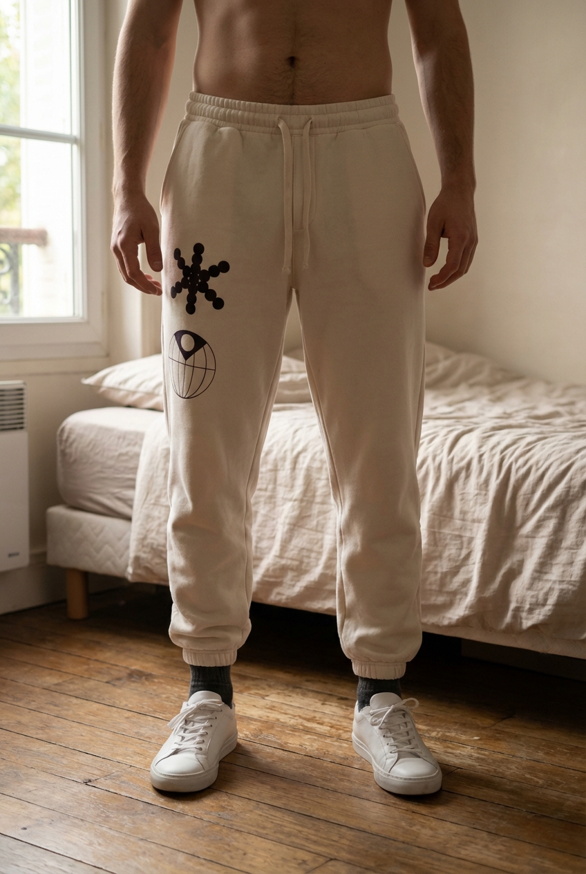 SOLDE Magnifique pantalon jogging Zara debout, face à la caméra, dans une chambre à la lumière douce, avec une lumière naturelle filtrant par la fenêtre.