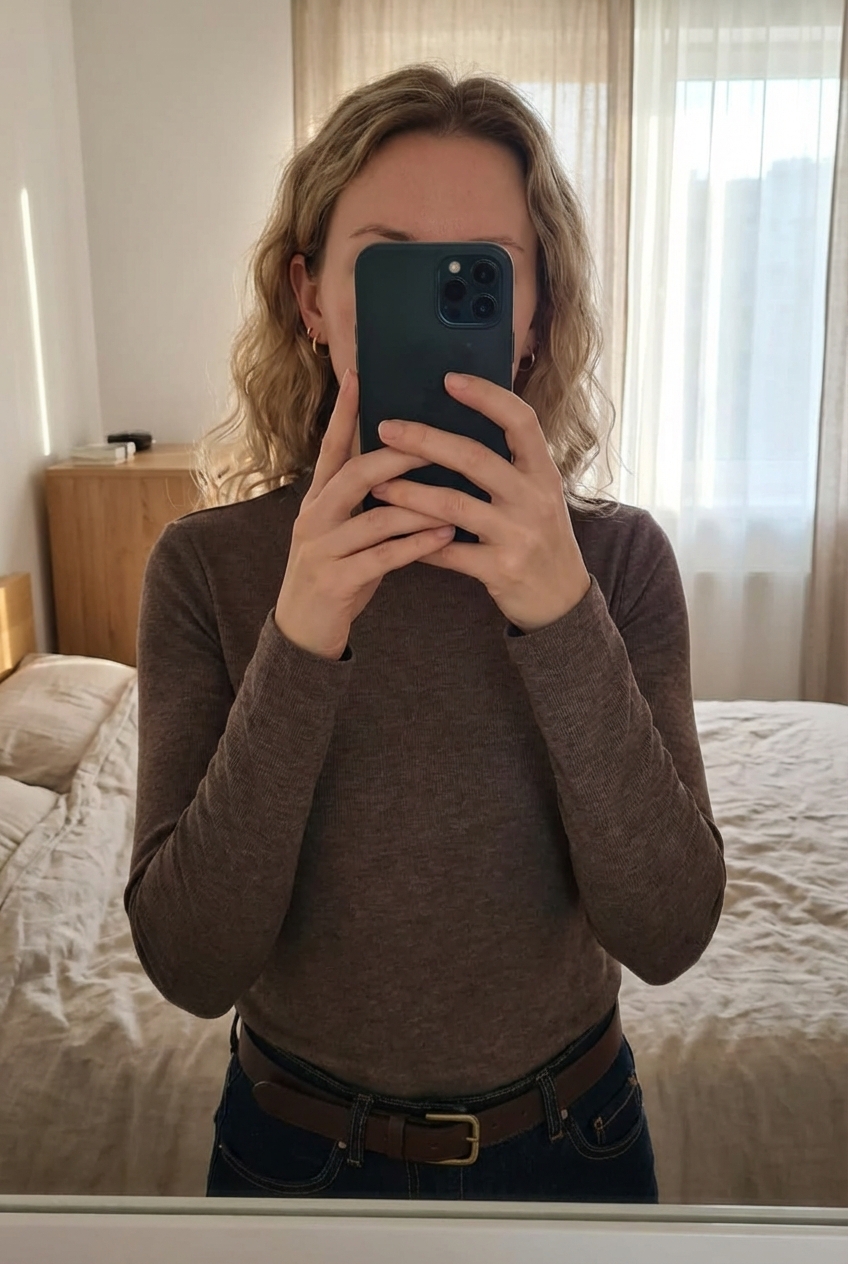 T-shirt Col montant Flynn Maison 123 neuf debout, face à la caméra, dans une chambre à la lumière douce, avec une lumière naturelle filtrant par la fenêtre.