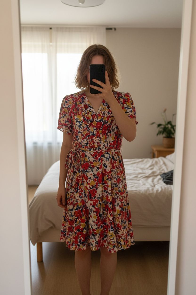 robe fleurie debout, face à la caméra, dans une chambre à la lumière douce, avec une lumière naturelle filtrant par la fenêtre.