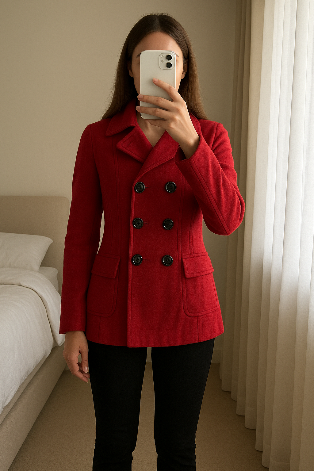 Manteau Mango Rouge T38 debout, face à la caméra, dans une chambre à la lumière douce, avec une lumière naturelle filtrant par la fenêtre.